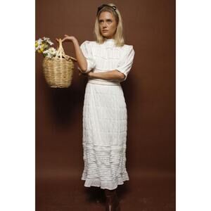 New En Saison Pintuck Midi Dress with Ruffled Sleeves Off White Women's Size XS